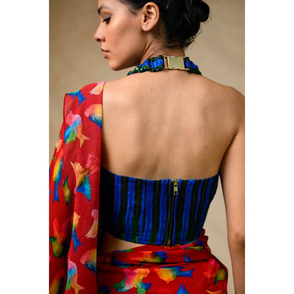 THETAA Red Saree with Stitched Blouse and Petticoat