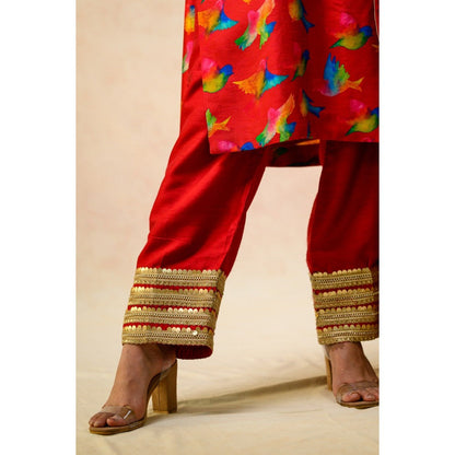 THETAA Red Kurta with Pant and Dupatta (Set of 3)