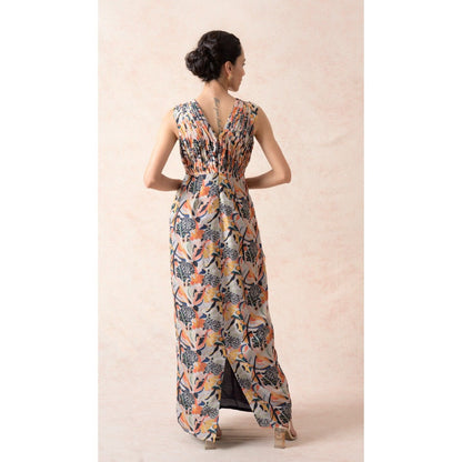 THETAA Multi-Colour Jungle Print Pleated Gown