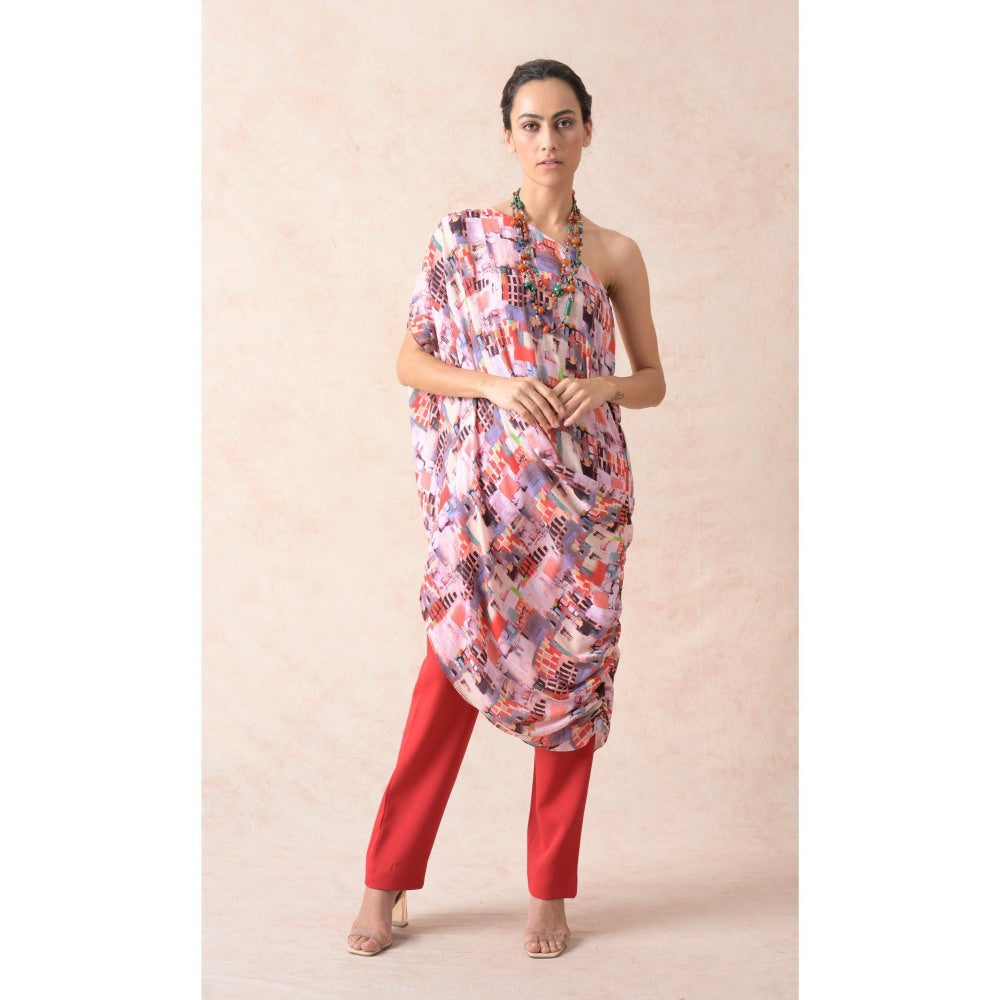 THETAA Multi-Colour Multi-Coloured Abstract Print One Shoulder Kurta with Pant (Set of 2)