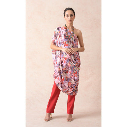 THETAA Multi-Colour Multi-Coloured Abstract Print One Shoulder Kurta with Pant (Set of 2)