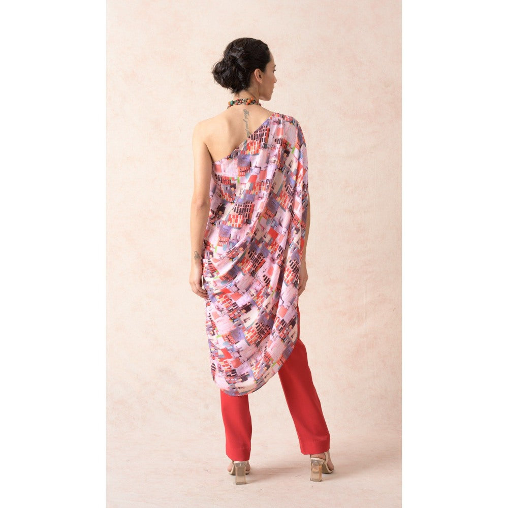 THETAA Multi-Colour Multi-Coloured Abstract Print One Shoulder Kurta with Pant (Set of 2)