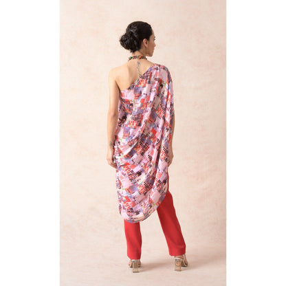THETAA Multi-Colour Multi-Coloured Abstract Print One Shoulder Kurta with Pant (Set of 2)
