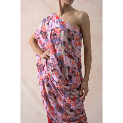 THETAA Multi-Colour Multi-Coloured Abstract Print One Shoulder Kurta with Pant (Set of 2)