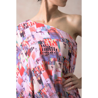 THETAA Multi-Colour Multi-Coloured Abstract Print One Shoulder Kurta with Pant (Set of 2)