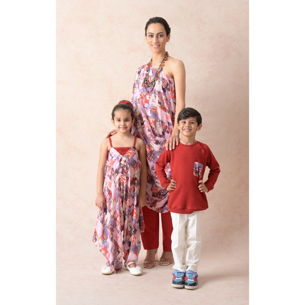THETAA Multi-Colour Multi-Coloured Abstract Print One Shoulder Kurta with Pant (Set of 2)