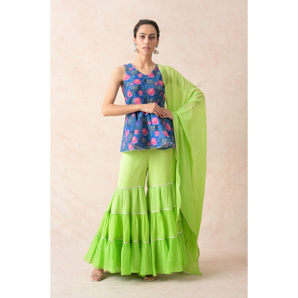 THETAA Green Elephant Motifs with Floral Print Peplum Top with Sharara and Dupatta (Set of 3)