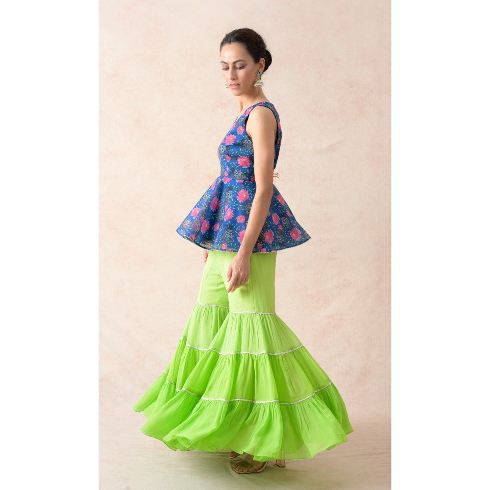 THETAA Green Elephant Motifs with Floral Print Peplum Top with Sharara and Dupatta (Set of 3)