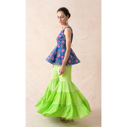 THETAA Green Elephant Motifs with Floral Print Peplum Top with Sharara and Dupatta (Set of 3)