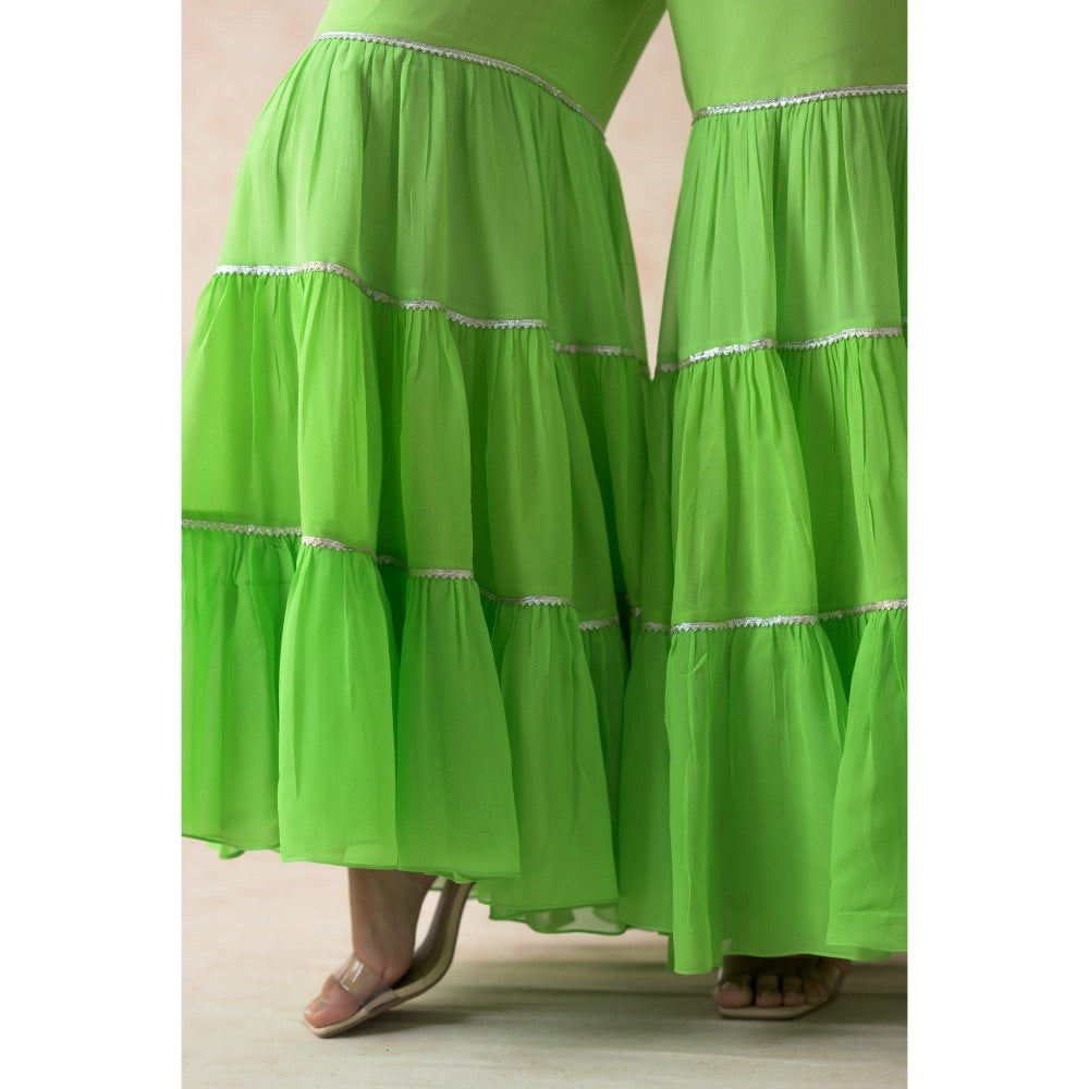 THETAA Green Elephant Motifs with Floral Print Peplum Top with Sharara and Dupatta (Set of 3)