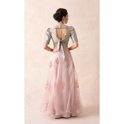 THETAA Hand Embroidered Blouse with Powder Pink Lehenga with Dupatta (Set of 3)