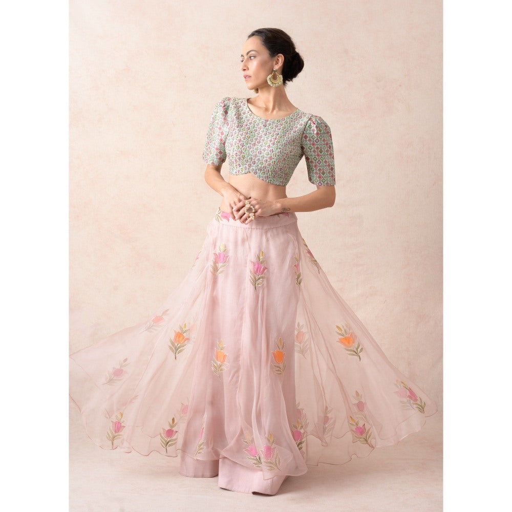 THETAA Hand Embroidered Blouse with Powder Pink Lehenga with Dupatta (Set of 3)