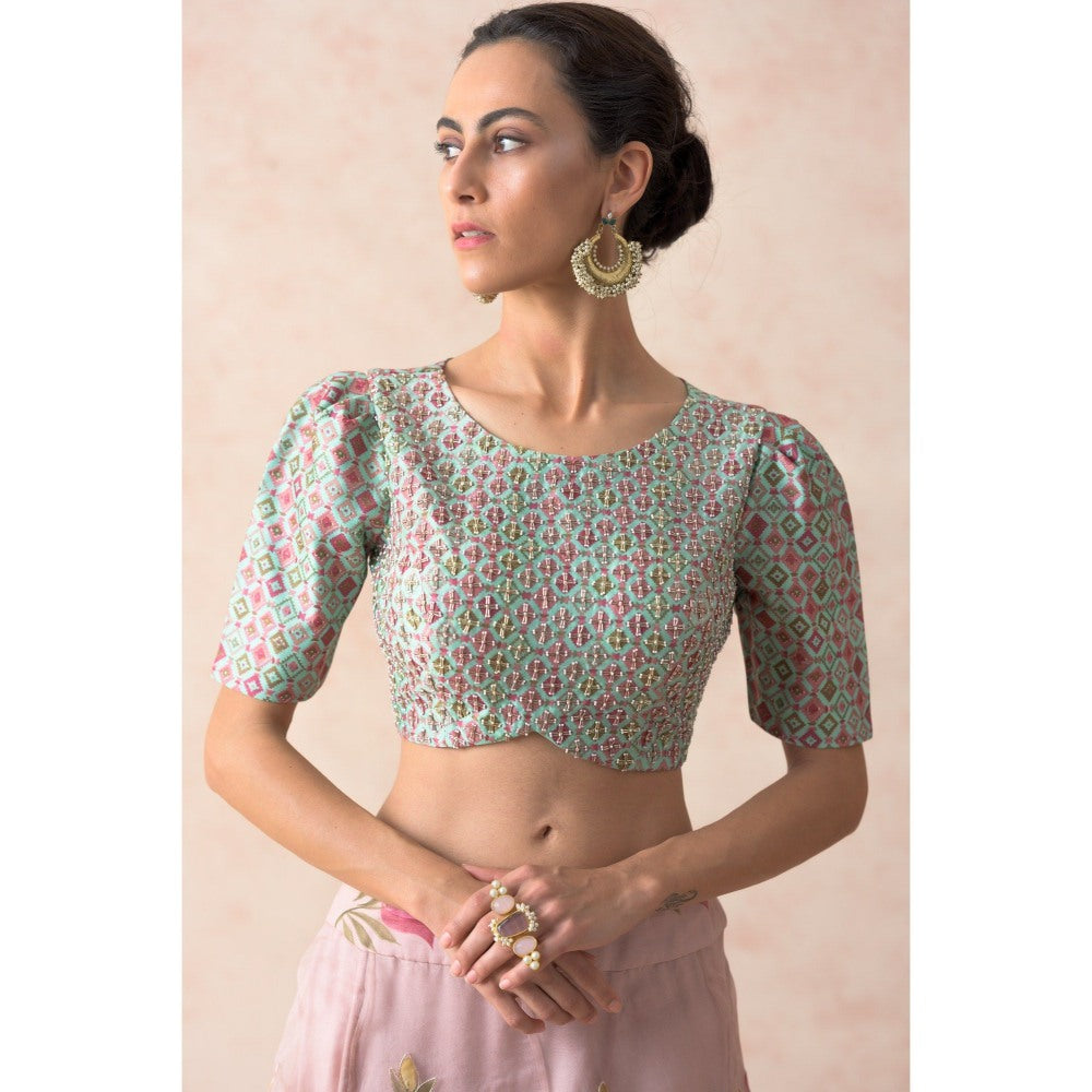 THETAA Hand Embroidered Blouse with Powder Pink Lehenga with Dupatta (Set of 3)