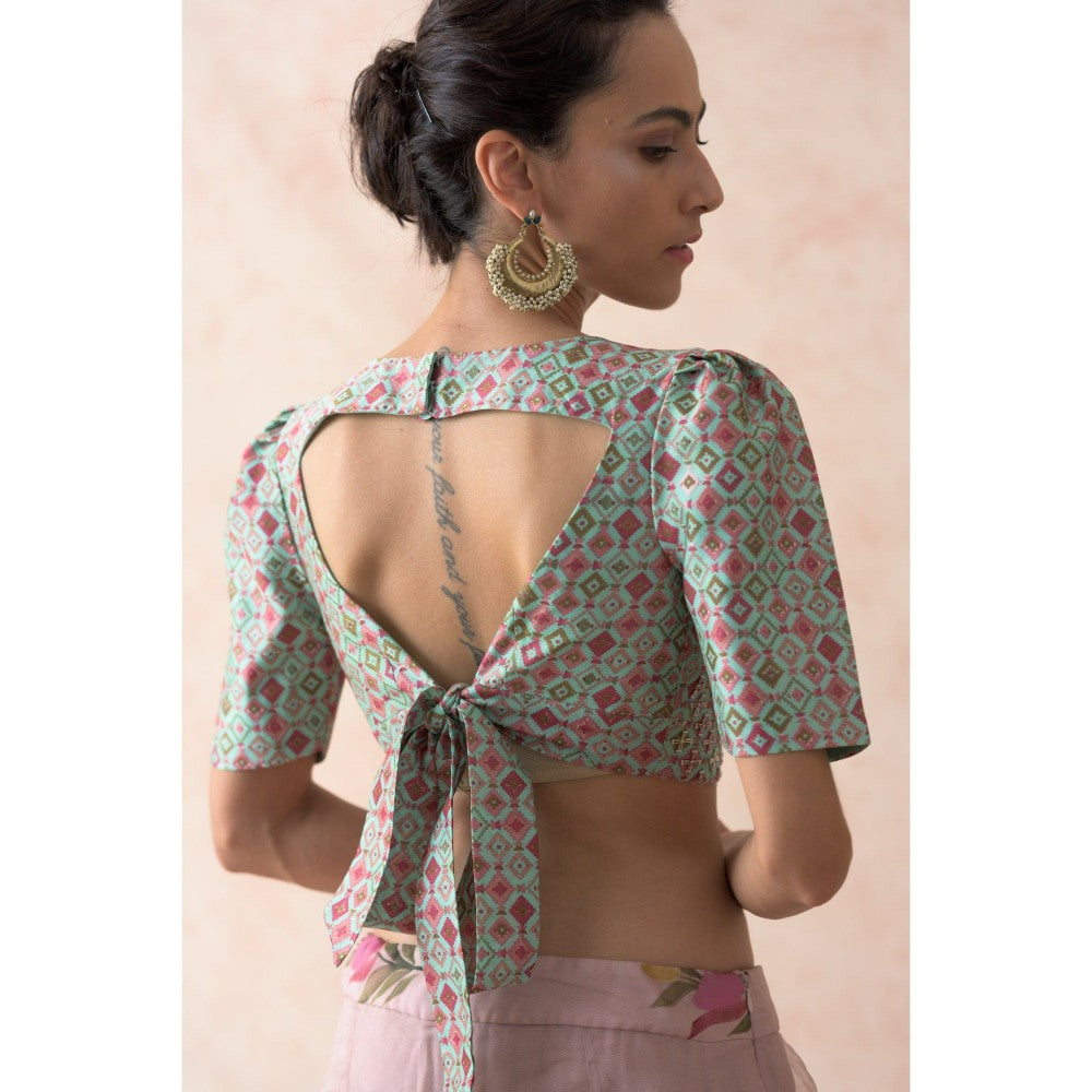 THETAA Hand Embroidered Blouse with Powder Pink Lehenga with Dupatta (Set of 3)