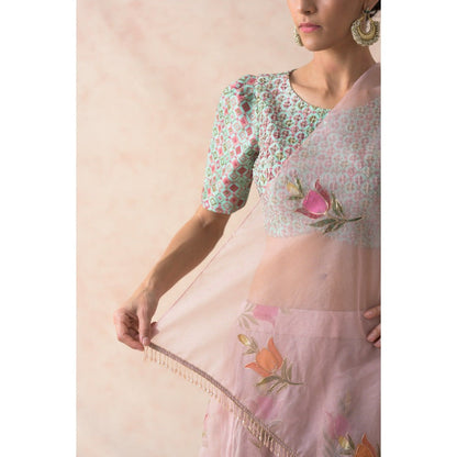 THETAA Hand Embroidered Blouse with Powder Pink Lehenga with Dupatta (Set of 3)