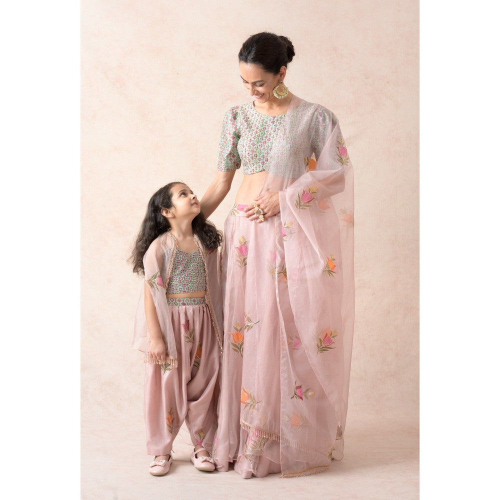 THETAA Hand Embroidered Blouse with Powder Pink Lehenga with Dupatta (Set of 3)
