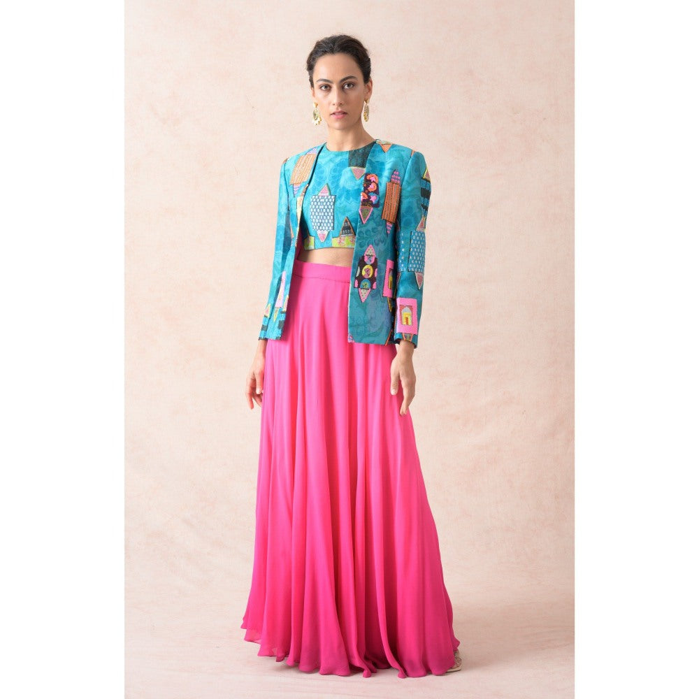 THETAA Blue Hand Embroidered Silk Jacket with Blouse and Lehenga (Set of 3)