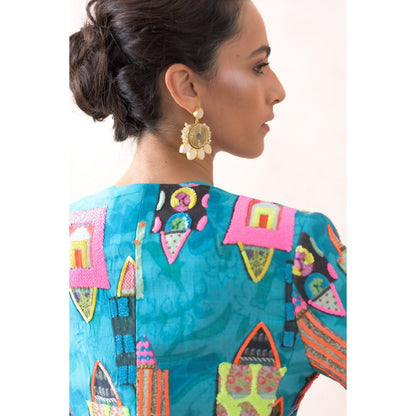 THETAA Blue Hand Embroidered Silk Jacket with Blouse and Lehenga (Set of 3)