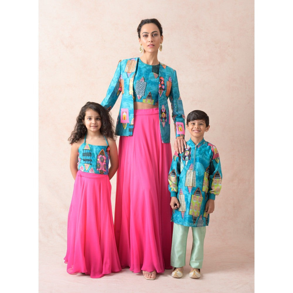 THETAA Blue Hand Embroidered Silk Jacket with Blouse and Lehenga (Set of 3)