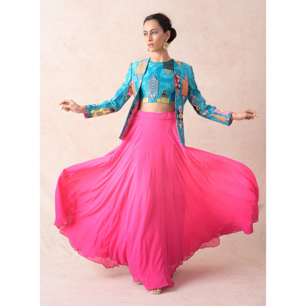 THETAA Blue Hand Embroidered Silk Jacket with Blouse and Lehenga (Set of 3)