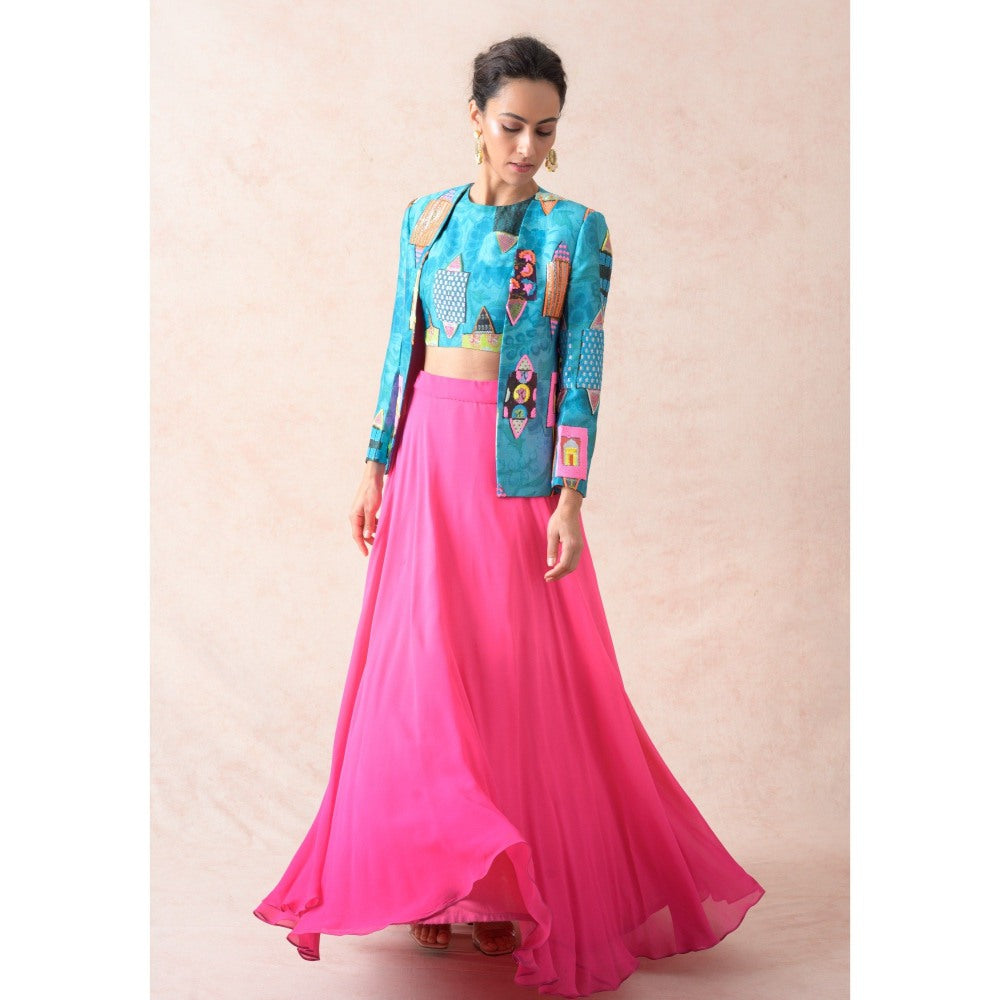 THETAA Blue Hand Embroidered Silk Jacket with Blouse and Lehenga (Set of 3)