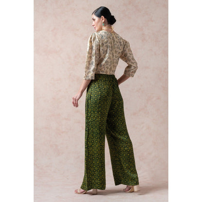 THETAA Beige Crop Top with Ajrak Print Pleated Pants (Set of 2)
