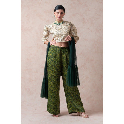 THETAA Beige Crop Top with Ajrak Print Pleated Pants (Set of 2)