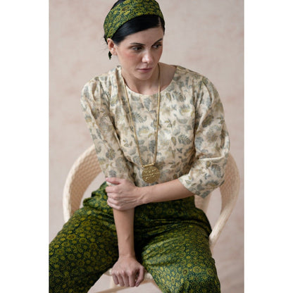 THETAA Beige Crop Top with Ajrak Print Pleated Pants (Set of 2)