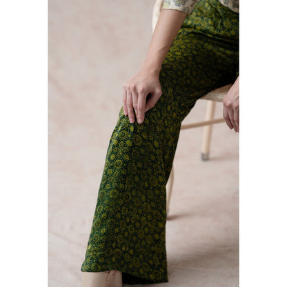 THETAA Beige Crop Top with Ajrak Print Pleated Pants (Set of 2)