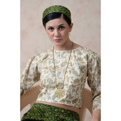 THETAA Beige Crop Top with Ajrak Print Pleated Pants (Set of 2)