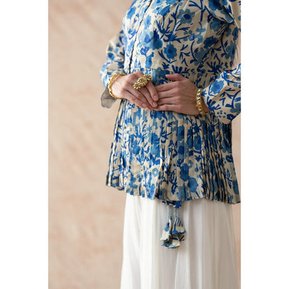 THETAA Blue Ivy Tessar Silk Pleated Peplum Top with Sharara and Dupatta (Set of 3)