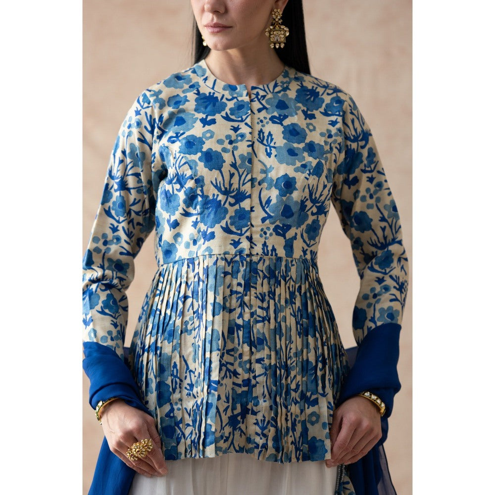 THETAA Blue Ivy Tessar Silk Pleated Peplum Top with Sharara and Dupatta (Set of 3)