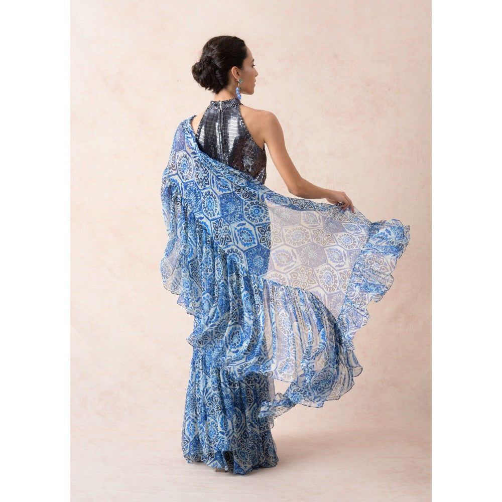 THETAA Blue Pre-Draped Print Ruffle Saree with Stitched Blouse and Belt