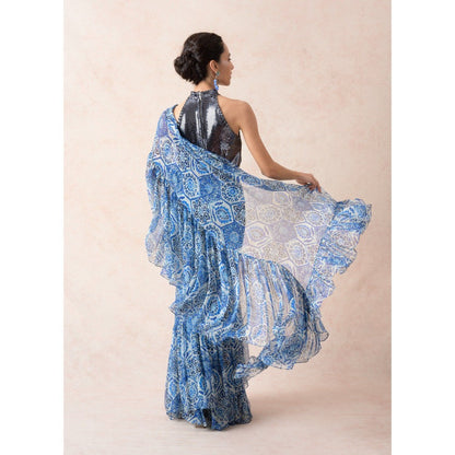 THETAA Blue Pre-Draped Print Ruffle Saree with Stitched Blouse and Belt