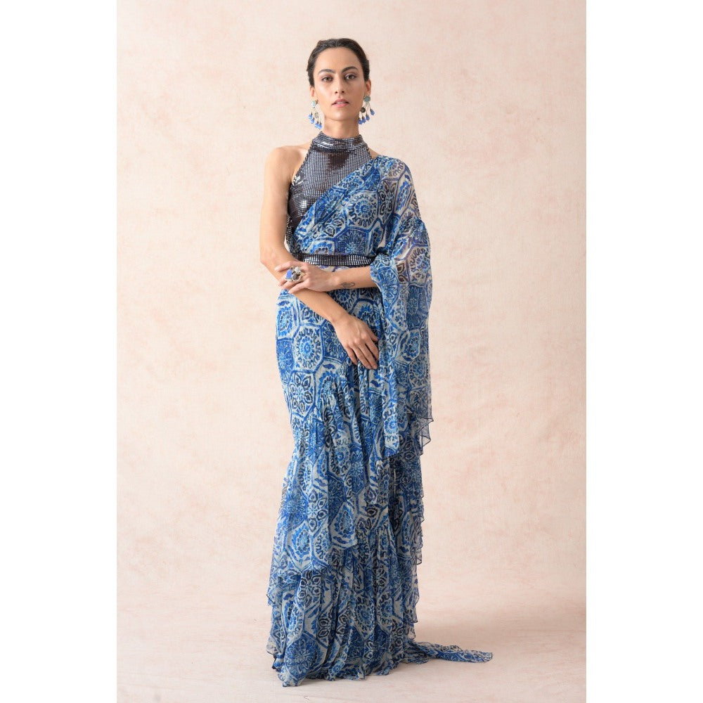 THETAA Blue Pre-Draped Print Ruffle Saree with Stitched Blouse and Belt