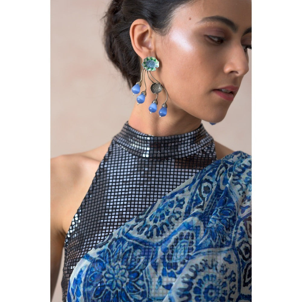 THETAA Blue Pre-Draped Print Ruffle Saree with Stitched Blouse and Belt