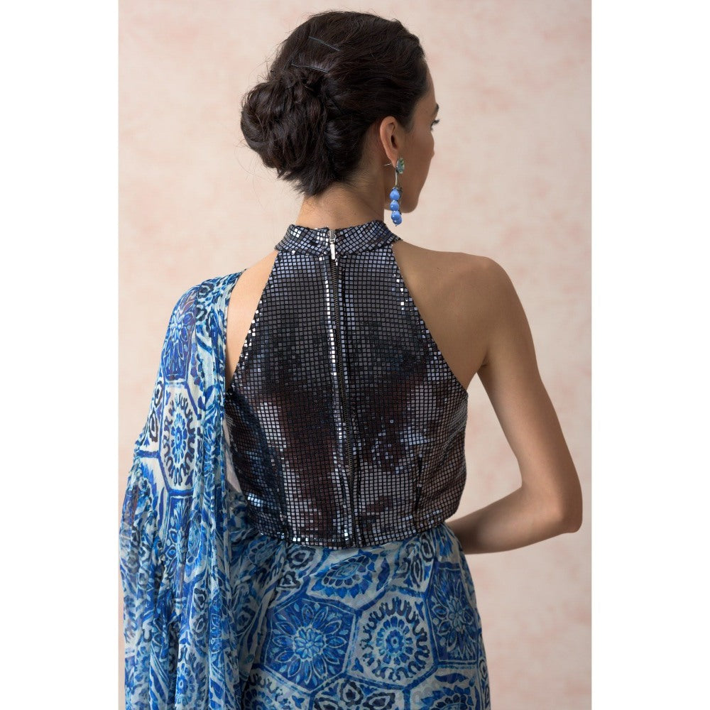 THETAA Blue Pre-Draped Print Ruffle Saree with Stitched Blouse and Belt