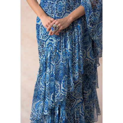 THETAA Blue Pre-Draped Print Ruffle Saree with Stitched Blouse and Belt