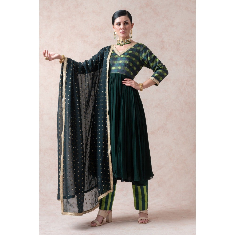 THETAA Bottle Green Tenchi Silk Anarkali with Pant and Dupatta (Set of 3)