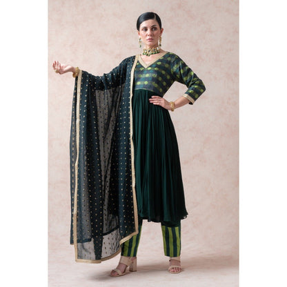 THETAA Bottle Green Tenchi Silk Anarkali with Pant and Dupatta (Set of 3)