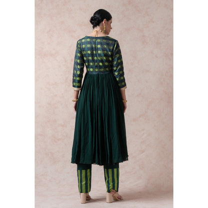 THETAA Bottle Green Tenchi Silk Anarkali with Pant and Dupatta (Set of 3)