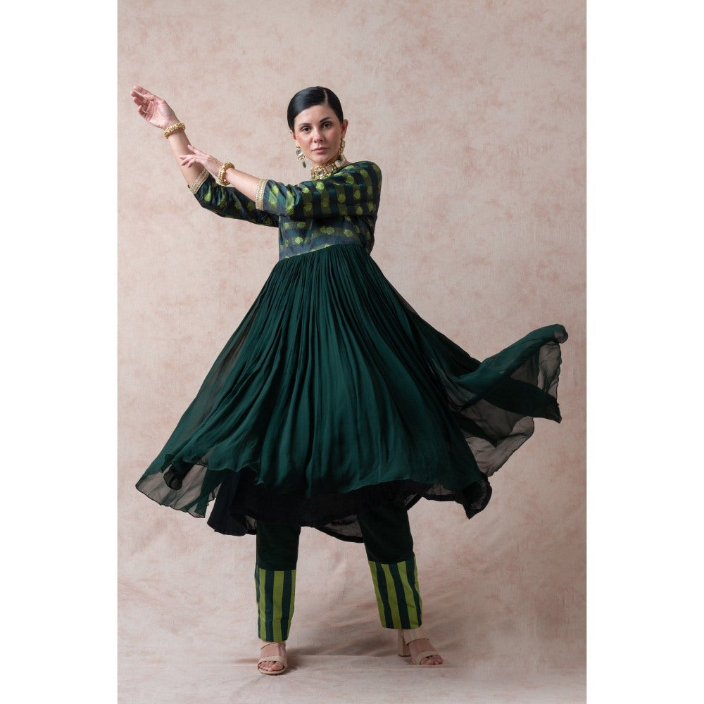 THETAA Bottle Green Tenchi Silk Anarkali with Pant and Dupatta (Set of 3)