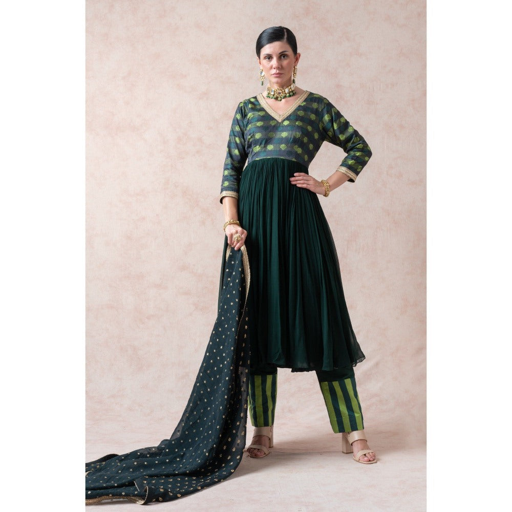 THETAA Bottle Green Tenchi Silk Anarkali with Pant and Dupatta (Set of 3)