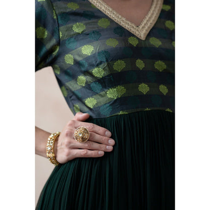 THETAA Bottle Green Tenchi Silk Anarkali with Pant and Dupatta (Set of 3)