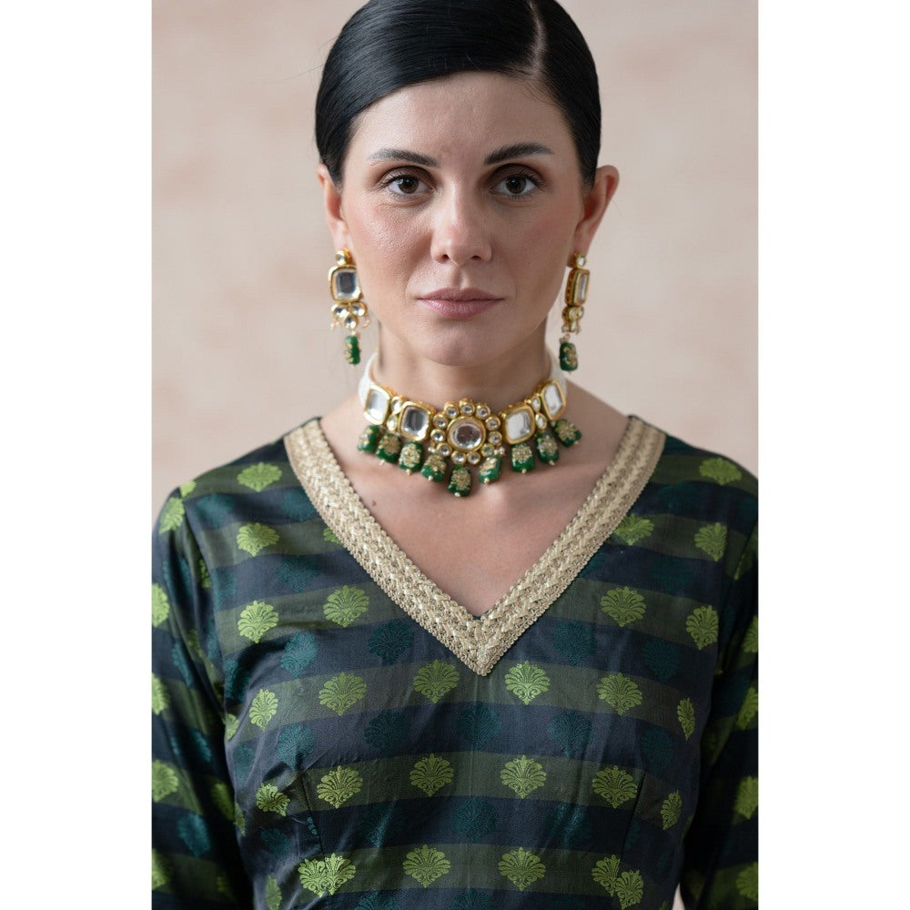 THETAA Bottle Green Tenchi Silk Anarkali with Pant and Dupatta (Set of 3)