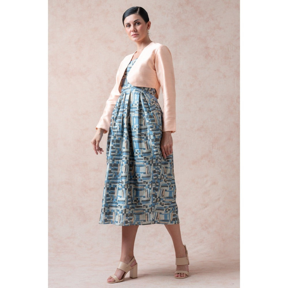 THETAA Casal Blue Print Pure Silk Dress with Shrug (Set of 2)