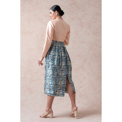 THETAA Casal Blue Print Pure Silk Dress with Shrug (Set of 2)