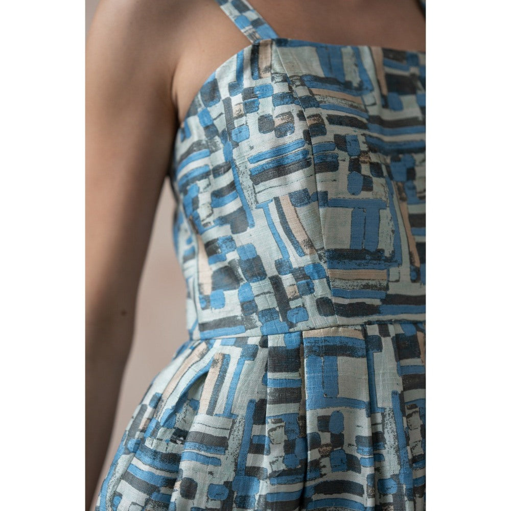 THETAA Casal Blue Print Pure Silk Dress with Shrug (Set of 2)