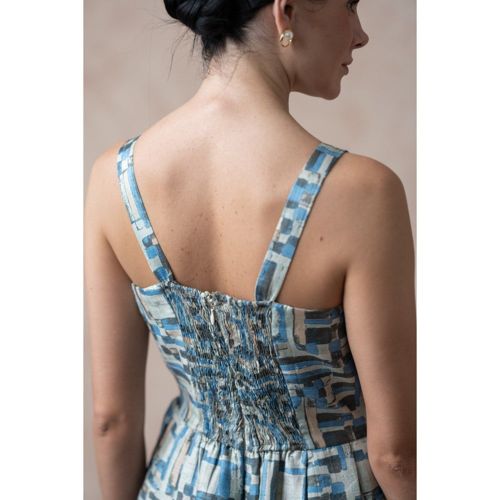 THETAA Casal Blue Print Pure Silk Dress with Shrug (Set of 2)