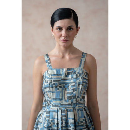 THETAA Casal Blue Print Pure Silk Dress with Shrug (Set of 2)